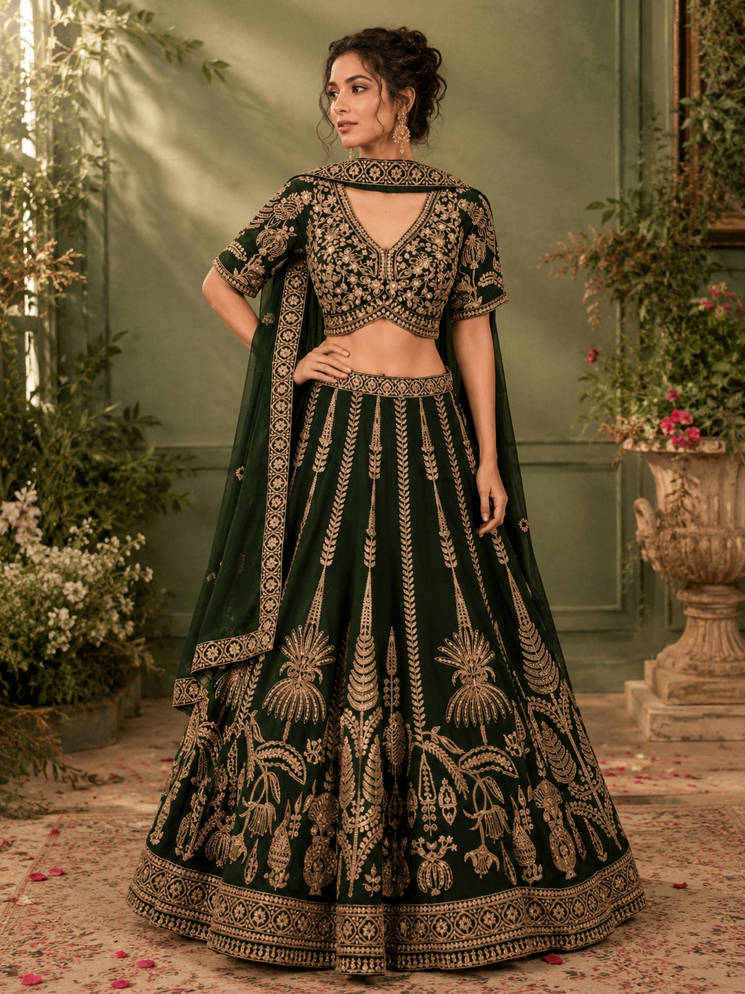 Dark Green Georgette Lehenga Choli with Heavy Zari & Sequin Tree & Floral Motif Embroidery