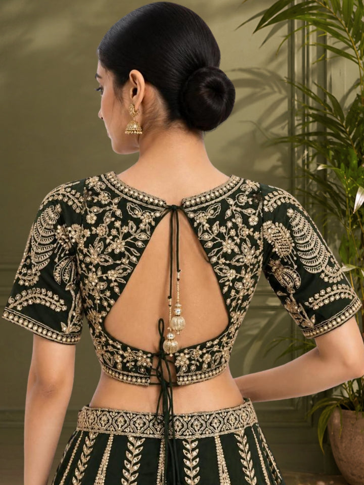 Dark Green Georgette Lehenga Choli with Heavy Zari & Sequin Tree & Floral Motif Embroidery