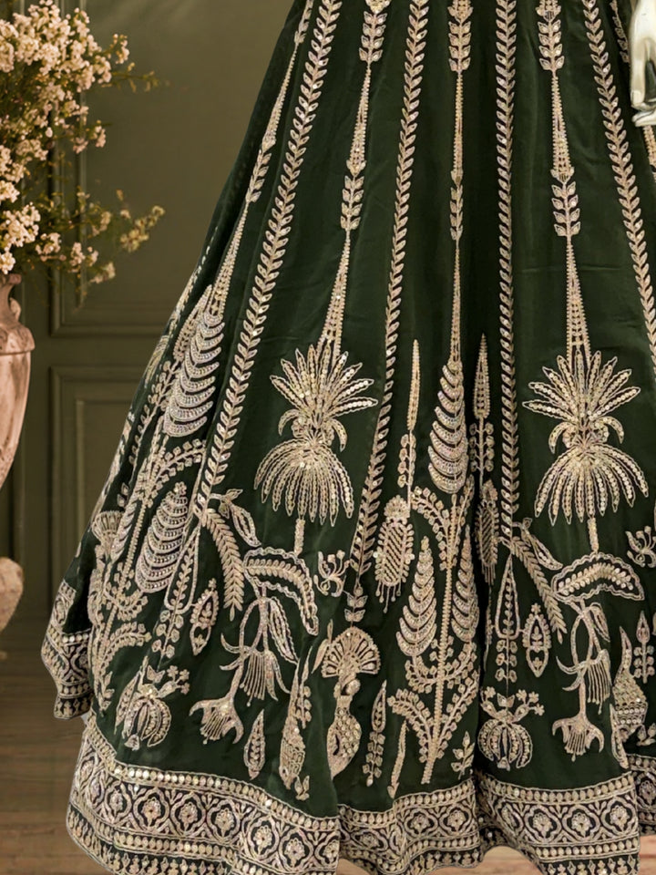 Dark Green Georgette Lehenga Choli with Heavy Zari & Sequin Tree & Floral Motif Embroidery