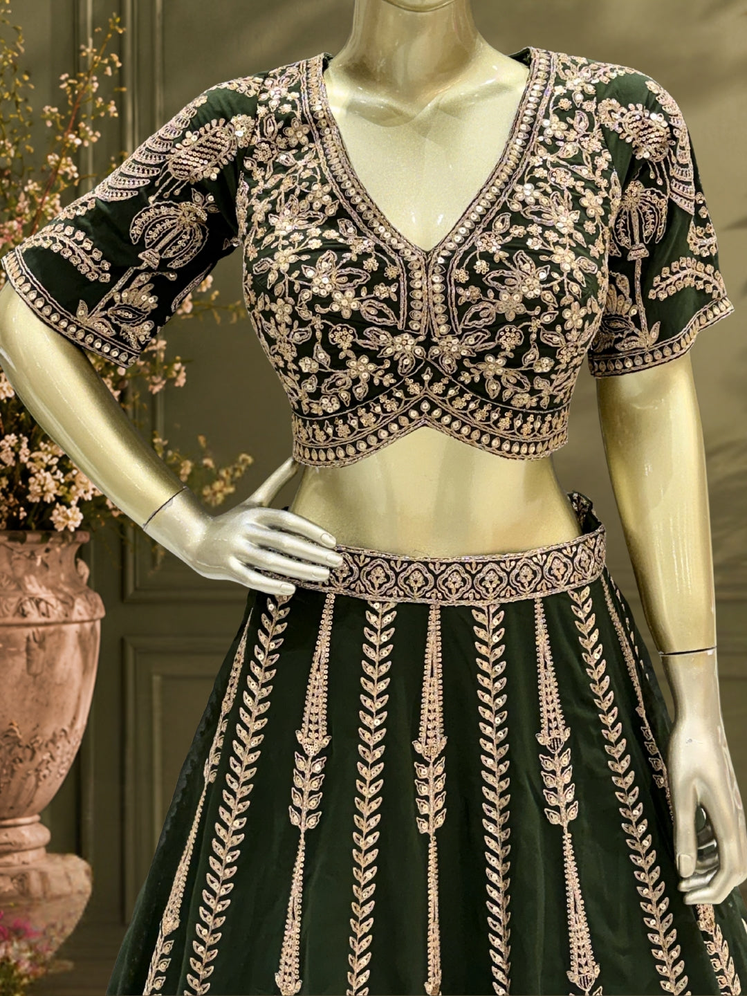 Dark Green Georgette Lehenga Choli with Heavy Zari & Sequin Tree & Floral Motif Embroidery