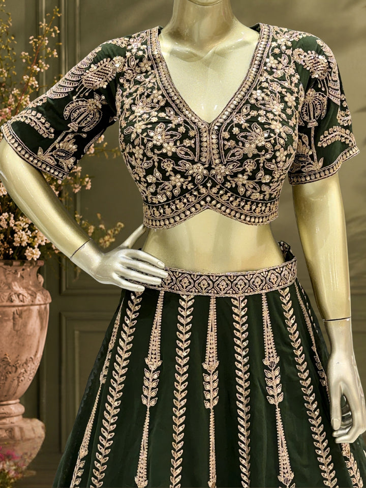 Dark Green Georgette Lehenga Choli with Heavy Zari & Sequin Tree & Floral Motif Embroidery