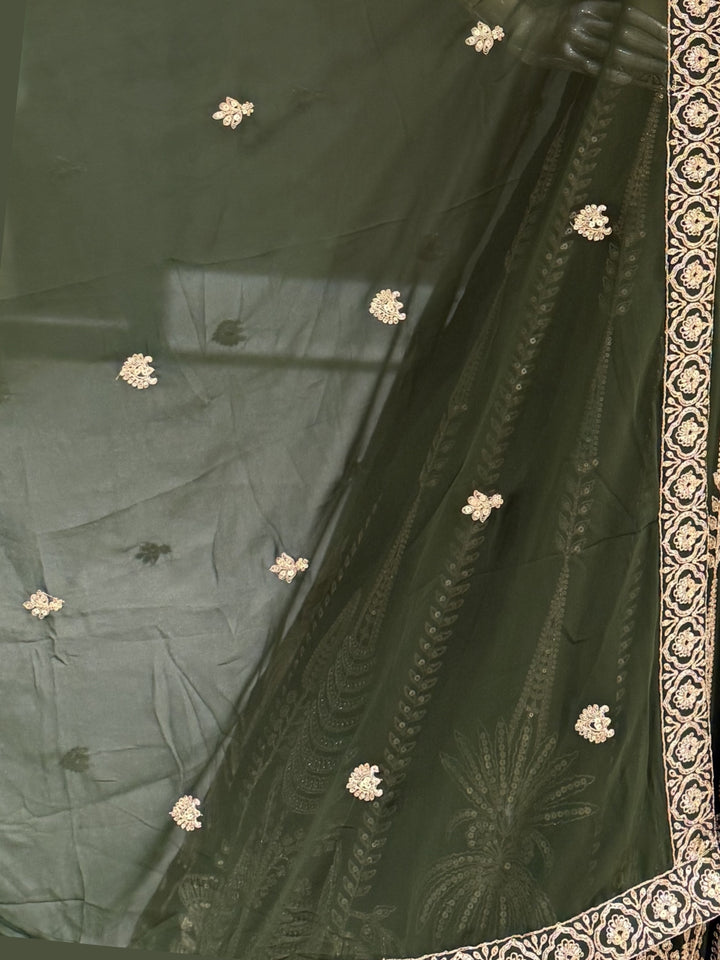 Dark Green Georgette Lehenga Choli with Heavy Zari & Sequin Tree & Floral Motif Embroidery