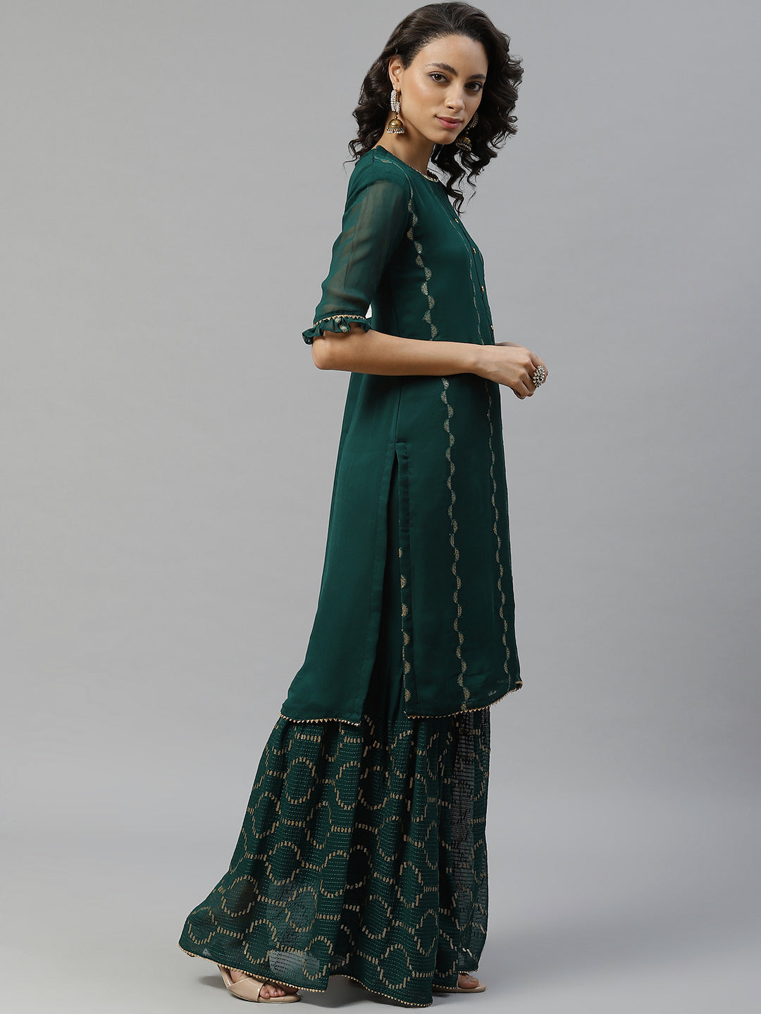Made to Measure Bottle Green Sequence & Gota-Patti Work Kurta, Unstitched Sharara Set with Chiffon Dupatta