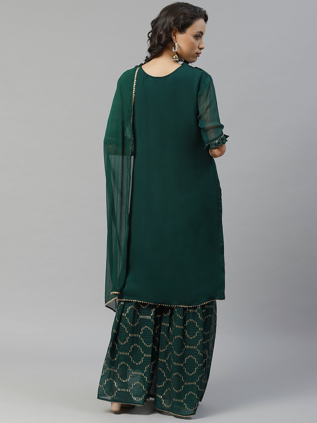 Made to Measure Bottle Green Sequence & Gota-Patti Work Kurta, Unstitched Sharara Set with Chiffon Dupatta