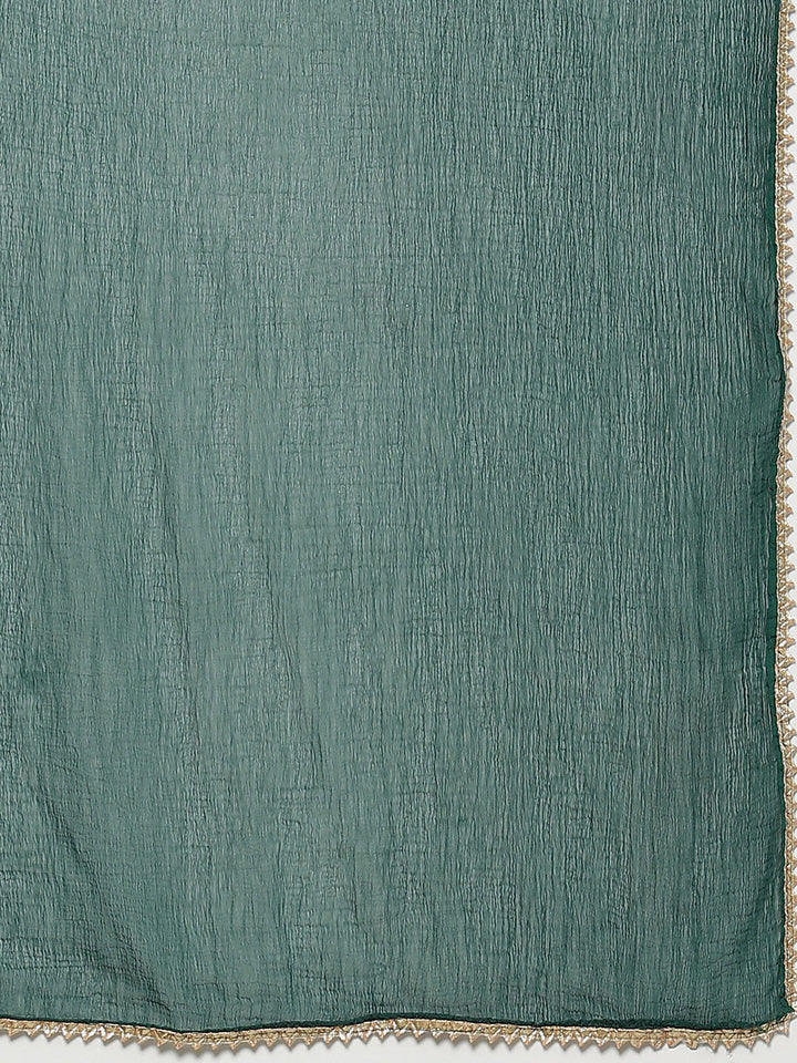 Made to Measure Bottle Green Sequence & Gota-Patti Work Kurta, Unstitched Sharara Set with Chiffon Dupatta