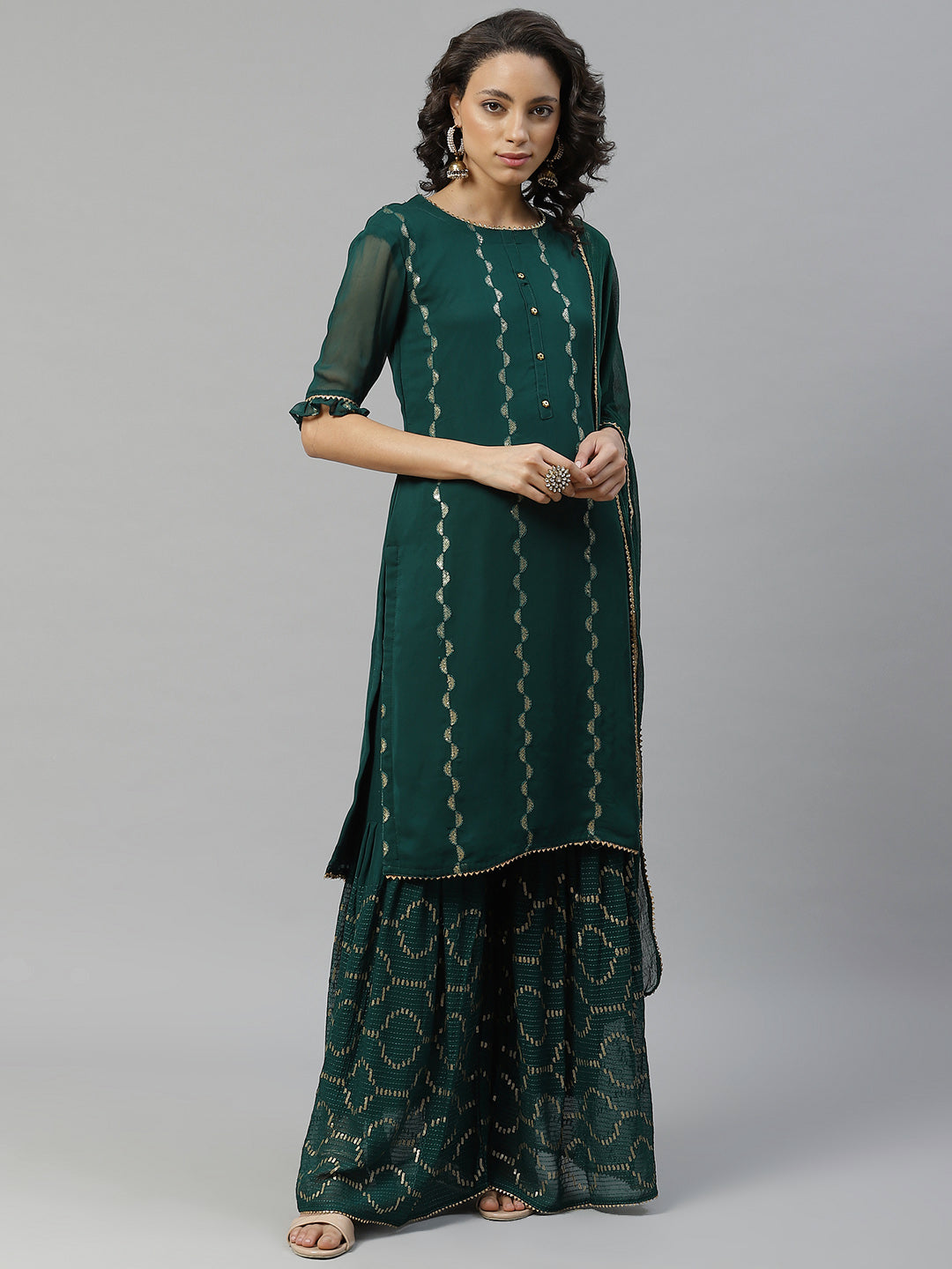 Made to Measure Bottle Green Sequence & Gota-Patti Work Kurta, Unstitched Sharara Set with Chiffon Dupatta