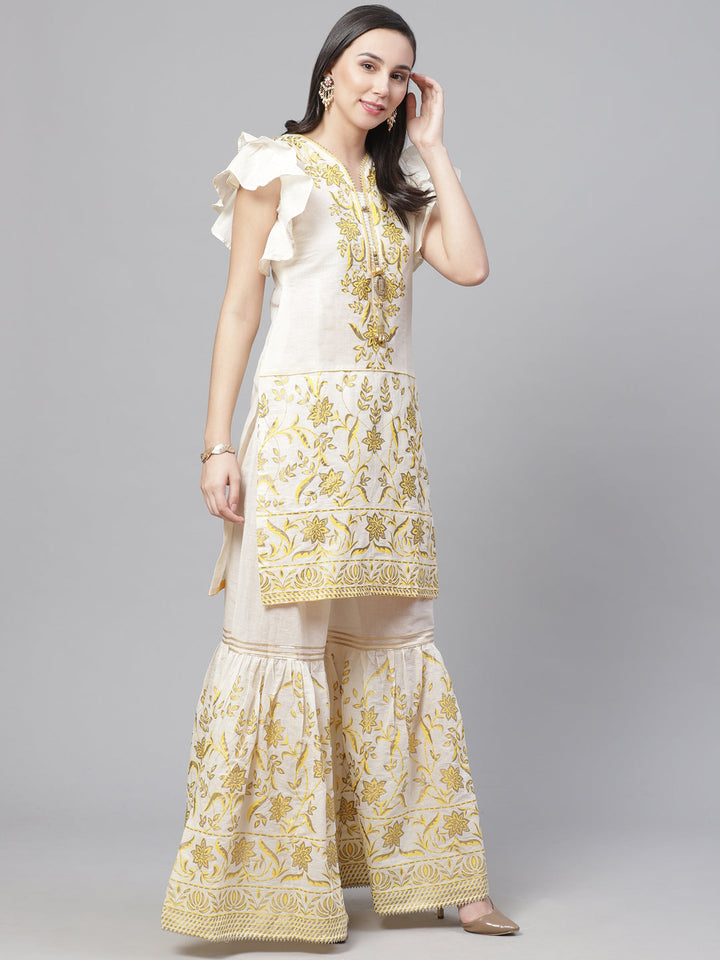 Pure Cotton Cambric Block Printing Stitched Suit with Gotta-Patti Embroidery & Sharara