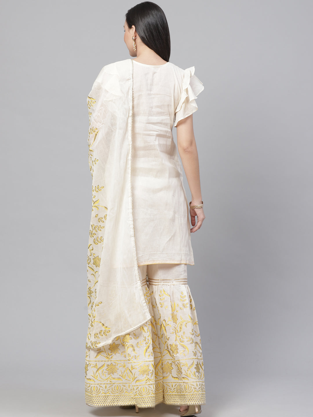 Pure Cotton Cambric Block Printing Stitched Suit with Gotta-Patti Embroidery & Sharara