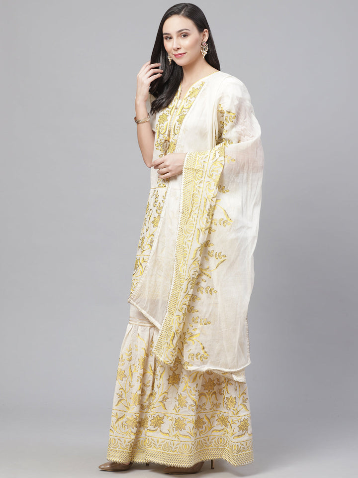 Pure Cotton Cambric Block Printing Stitched Suit with Gotta-Patti Embroidery & Sharara