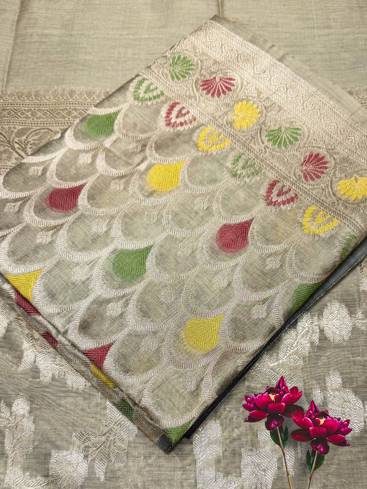 Zari Meenakari Weaving Banarasi Silk Dress Material With Floral Pattern Jhalar Dupatta