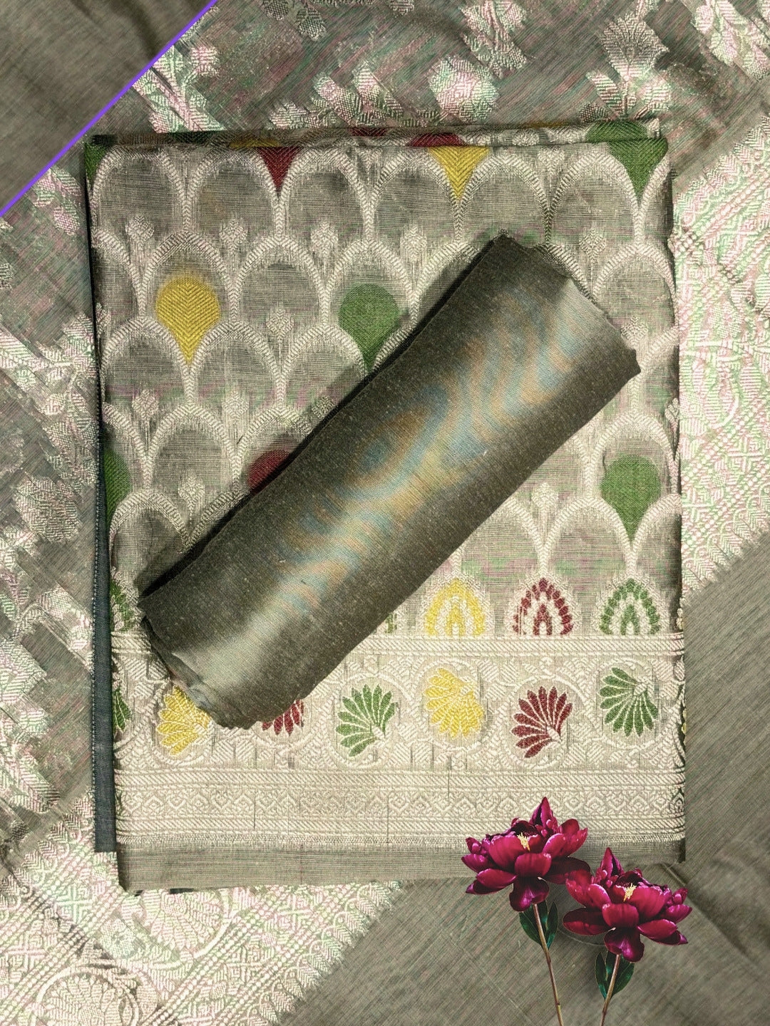 Zari Meenakari Weaving Banarasi Silk Dress Material With Floral Pattern Jhalar Dupatta