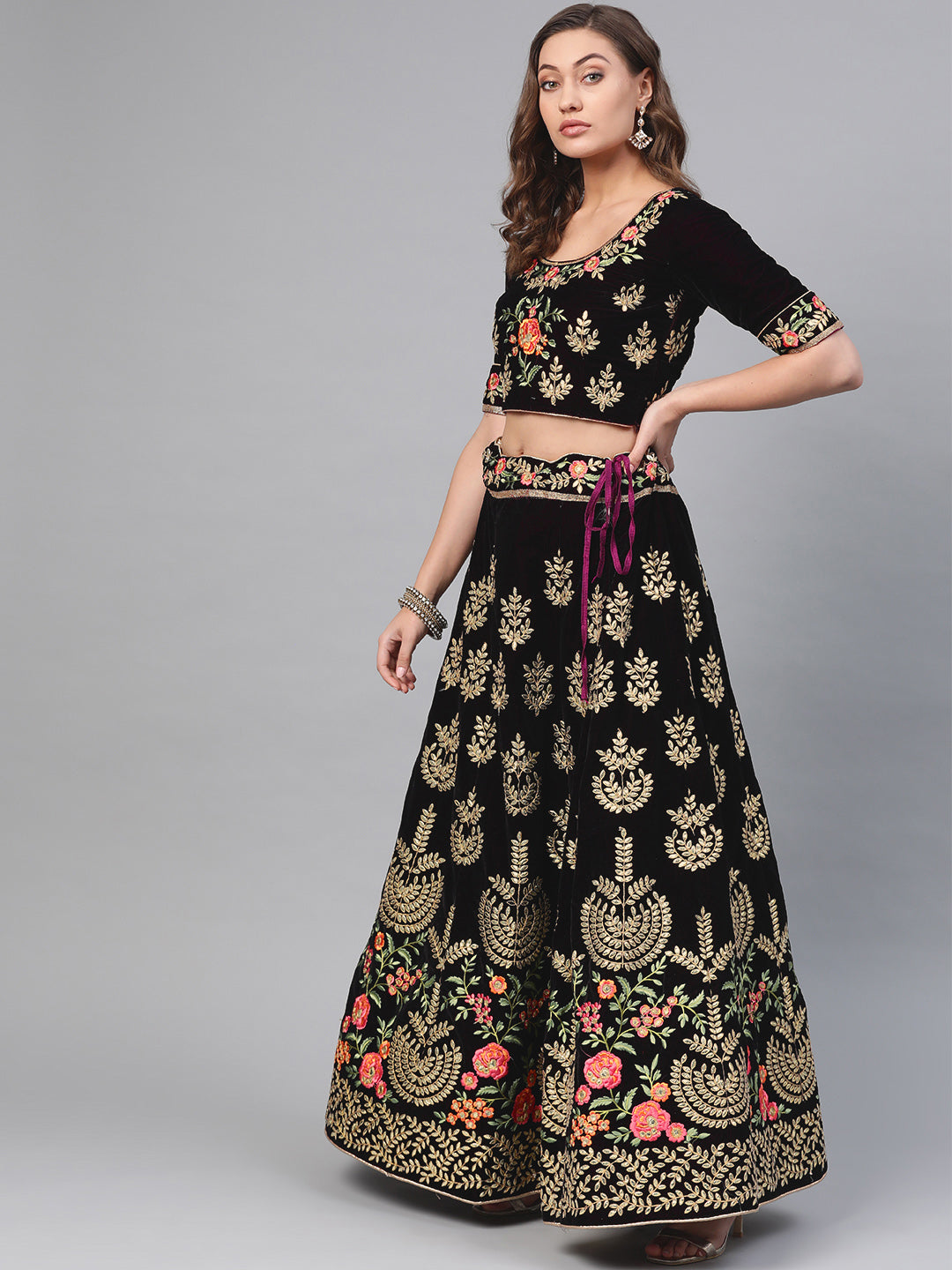 Velvet Semi-stitched Lehenga with Gota patti Embroidery