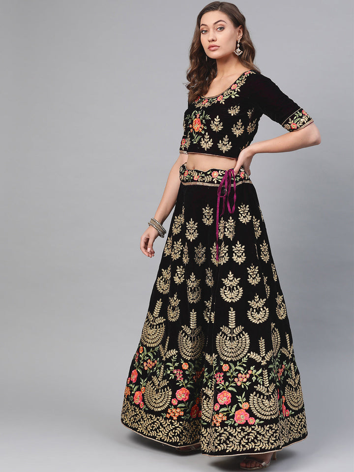 Velvet Semi-stitched Lehenga with Gota patti Embroidery