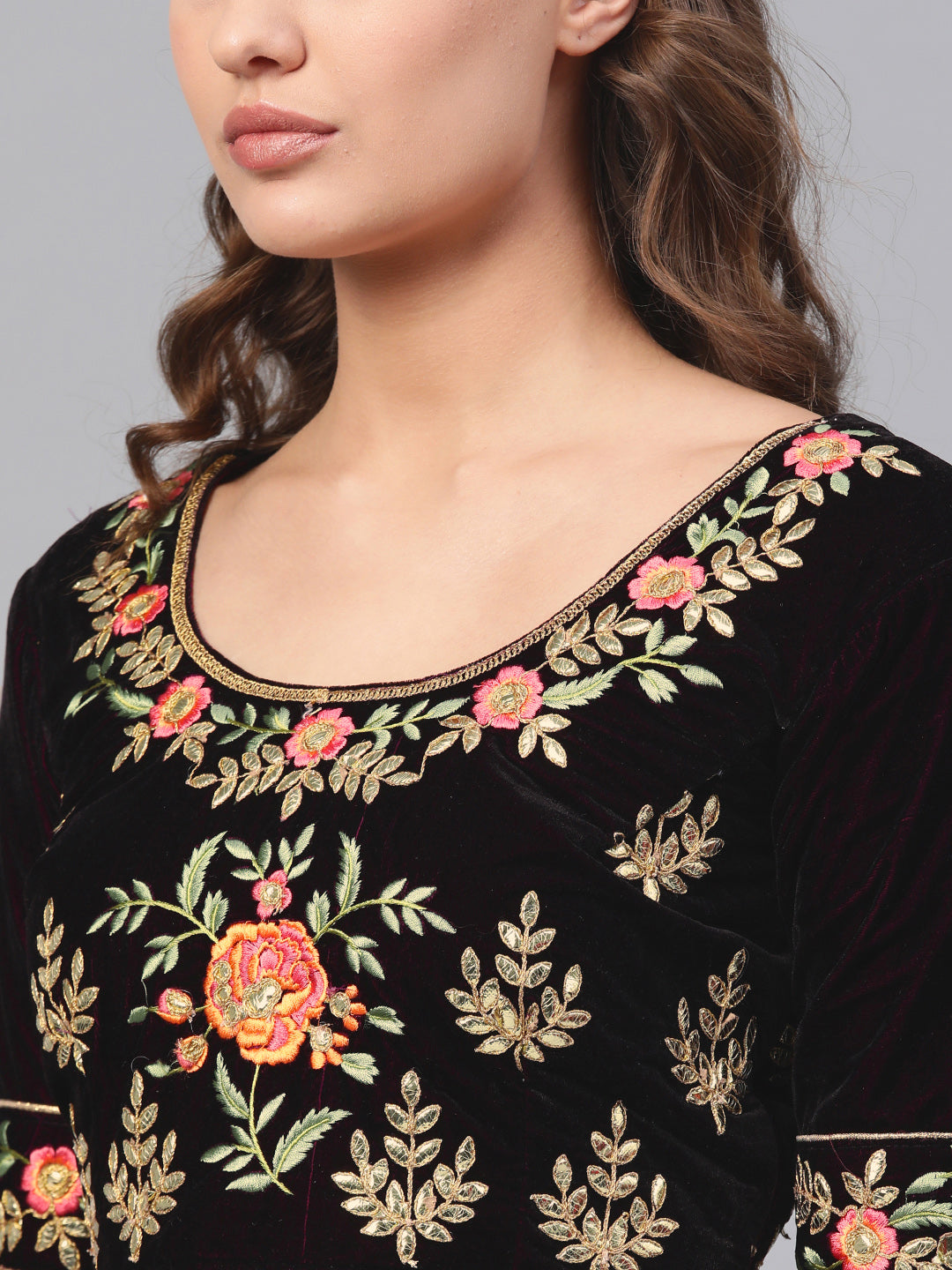 Velvet Semi-stitched Lehenga with Gota patti Embroidery
