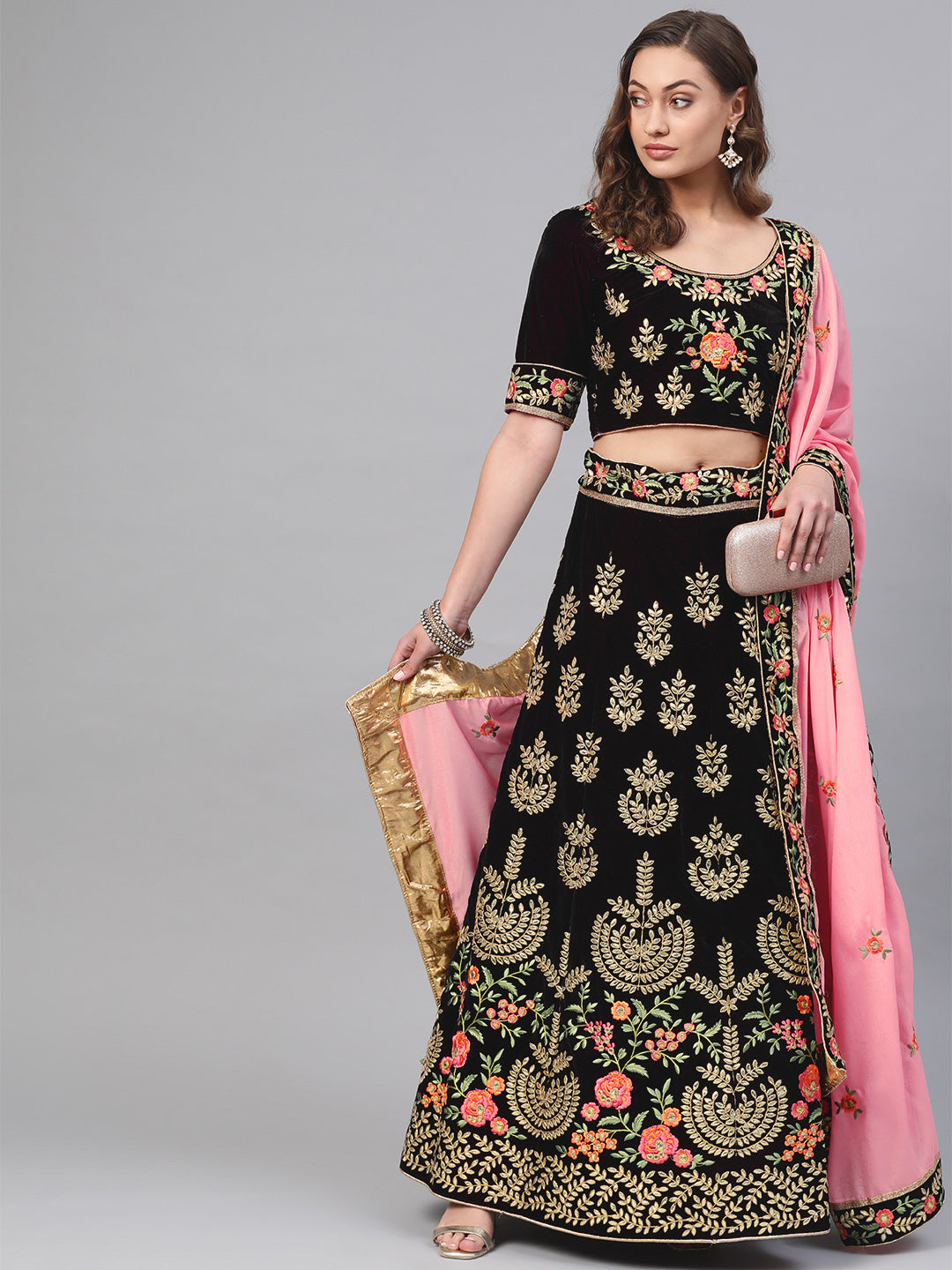 Velvet Semi-stitched Lehenga with Gota patti Embroidery