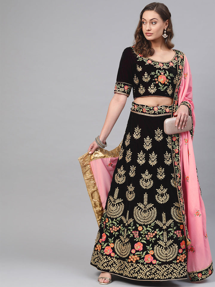 Velvet Semi-stitched Lehenga with Gota patti Embroidery