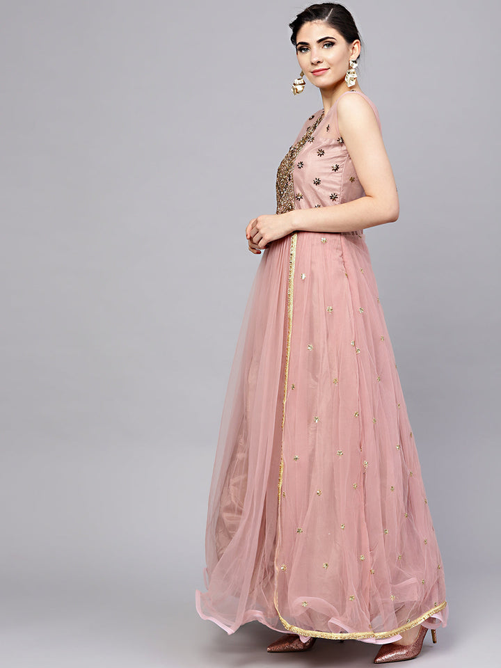 Layered Front Slit Dress with Crystal Zari Embroidery
