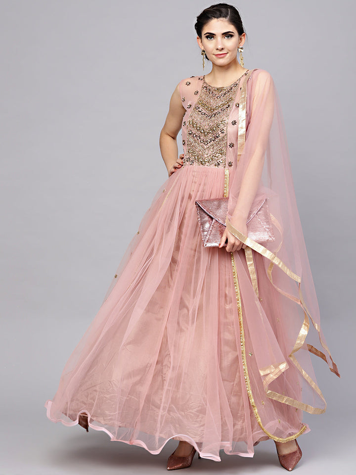 Layered Front Slit Dress with Crystal Zari Embroidery