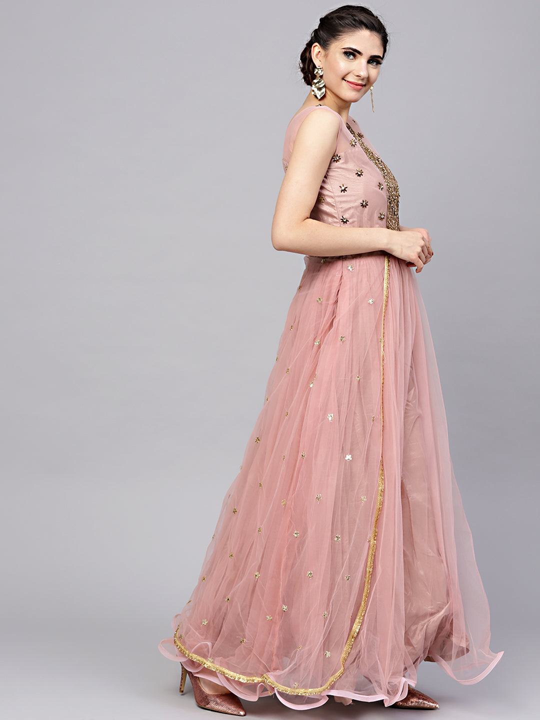Layered Front Slit Dress with Crystal Zari Embroidery
