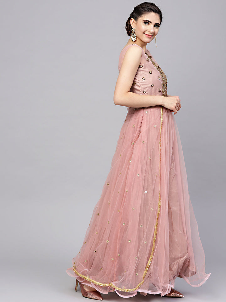 Layered Front Slit Dress with Crystal Zari Embroidery