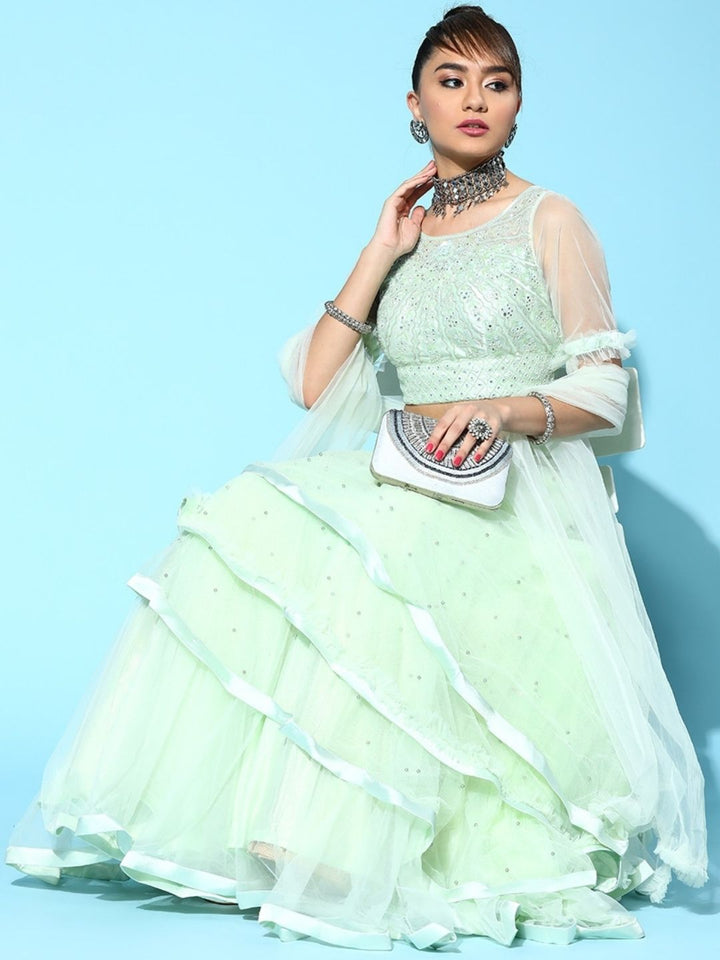 Made to Measure Pastel Mirror Embellish Barbie Style Net Lehenga Set with Ruffle & Frill