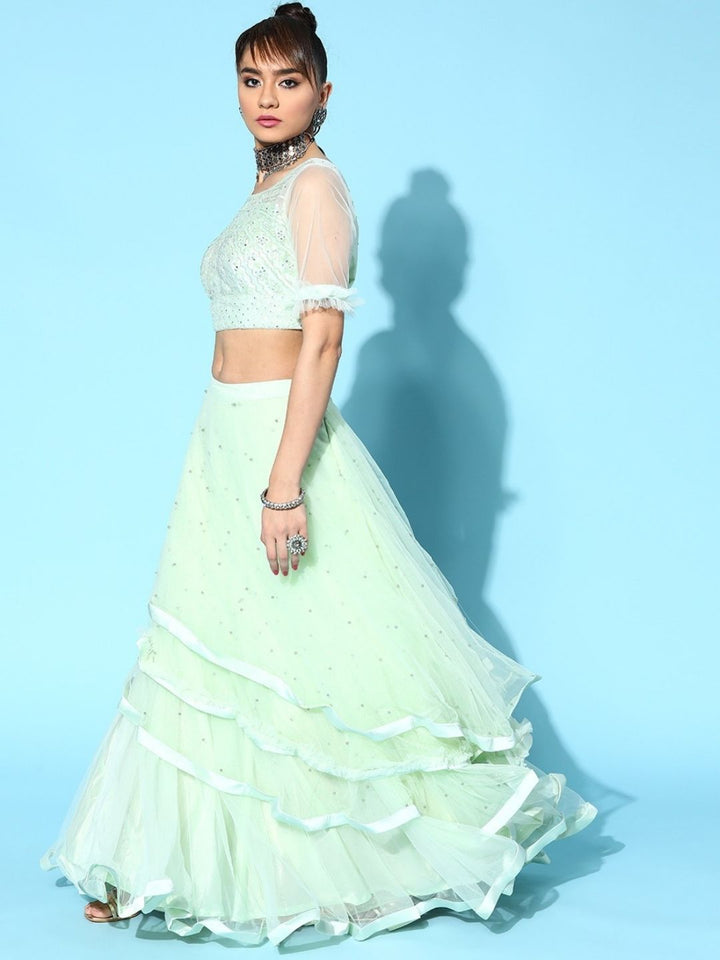Made to Measure Pastel Mirror Embellish Barbie Style Net Lehenga Set with Ruffle & Frill