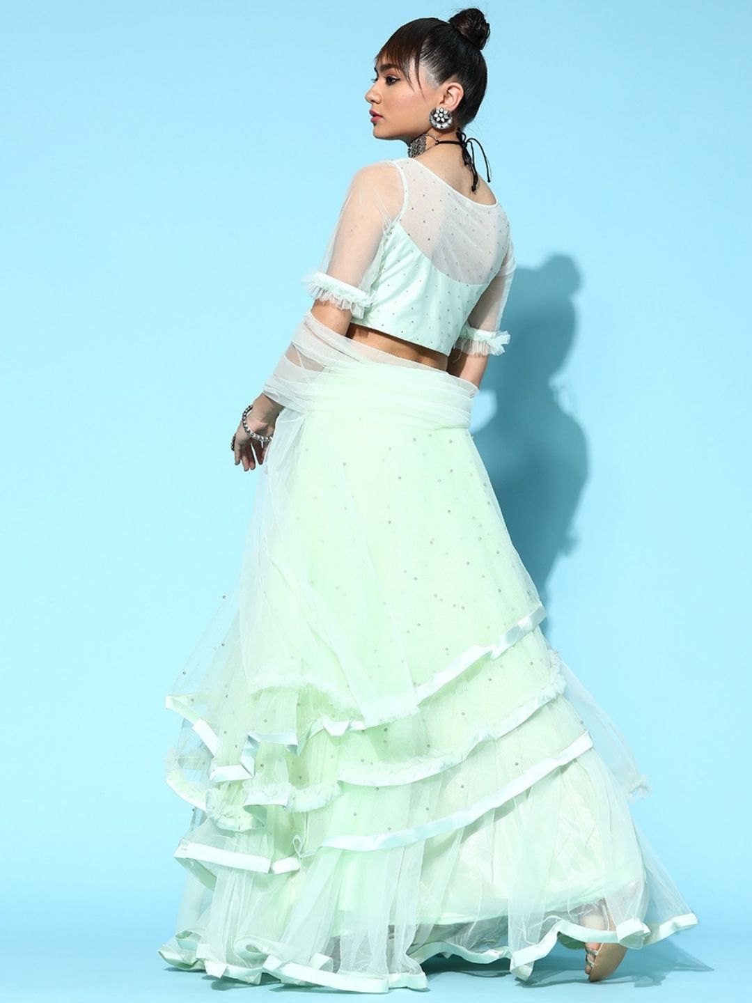 Made to Measure Pastel Mirror Embellish Barbie Style Net Lehenga Set with Ruffle & Frill
