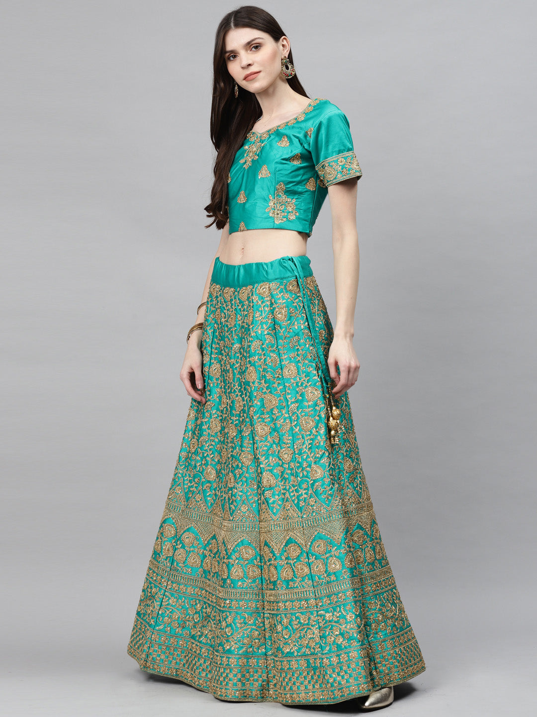 Pastel Semi-Stitched Lehenga Set with Zari & Resham Meenakari Floral Embroidery