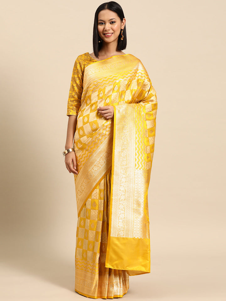 Haldi Yellow Gharchola Checked  Zari Banarasi Traditional Silk Saree