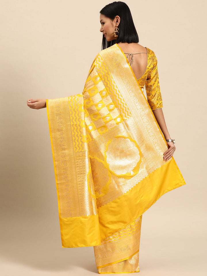 Haldi Yellow Gharchola Checked  Zari Banarasi Traditional Silk Saree