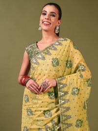 Chhabra 555 Banarasi Chanderi Jute Cotton Silk Saree with Temple Pattern Meenakari Weaving & Tassles