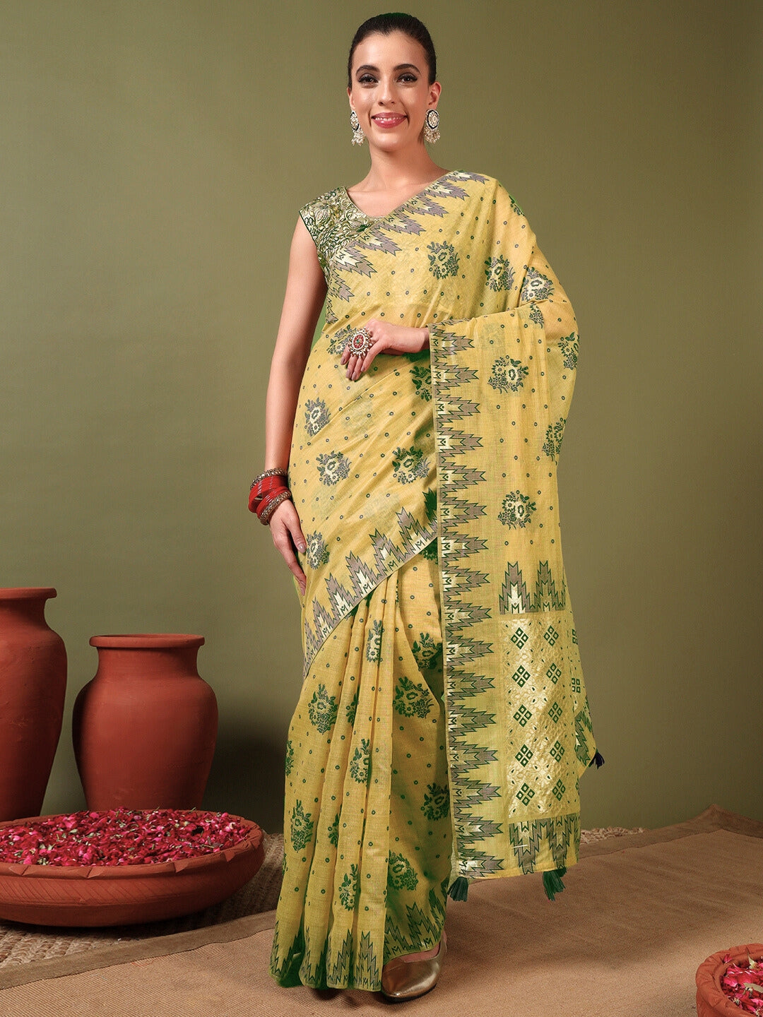 Banarasi Chanderi Jute Cotton Silk Saree with Temple Pattern Meenakari Weaving & Tassles