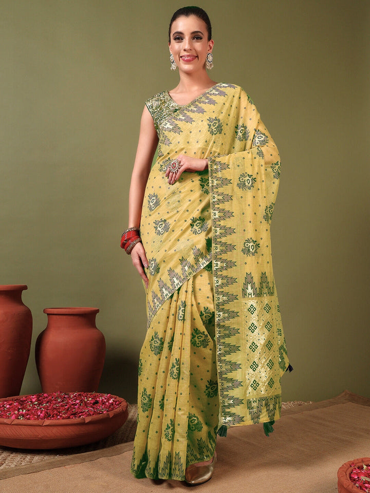 Banarasi Chanderi Jute Cotton Silk Saree with Temple Pattern Meenakari Weaving & Tassles