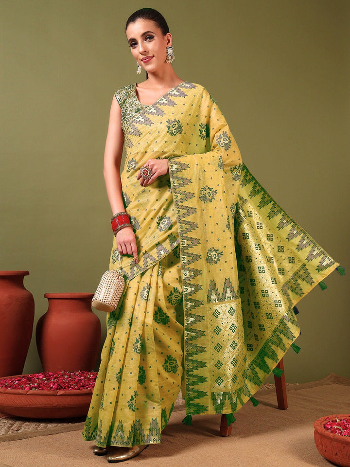 Banarasi Chanderi Jute Cotton Silk Saree with Temple Pattern Meenakari Weaving & Tassles