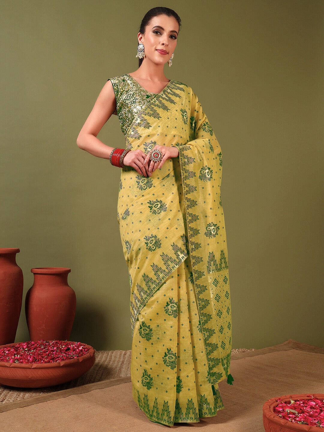 Banarasi Chanderi Jute Cotton Silk Saree with Temple Pattern Meenakari Weaving & Tassles
