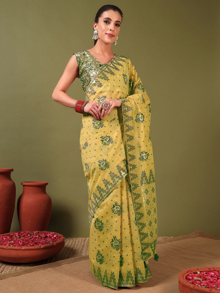 Banarasi Chanderi Jute Cotton Silk Saree with Temple Pattern Meenakari Weaving & Tassles