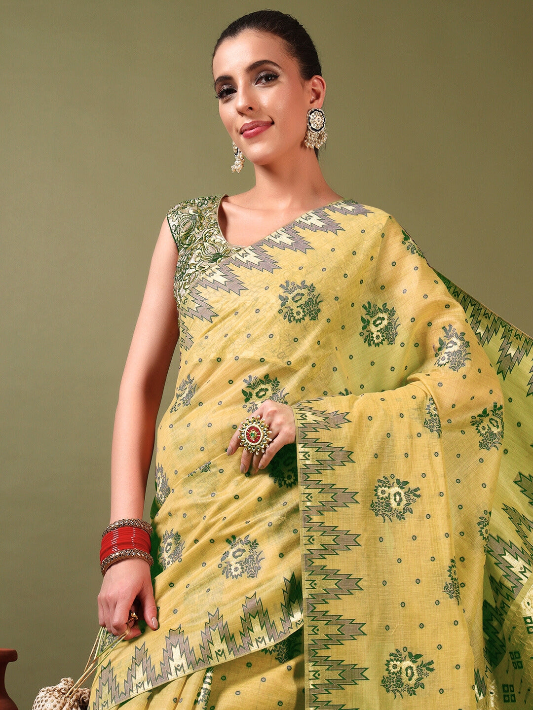 Banarasi Chanderi Jute Cotton Silk Saree with Temple Pattern Meenakari Weaving & Tassles