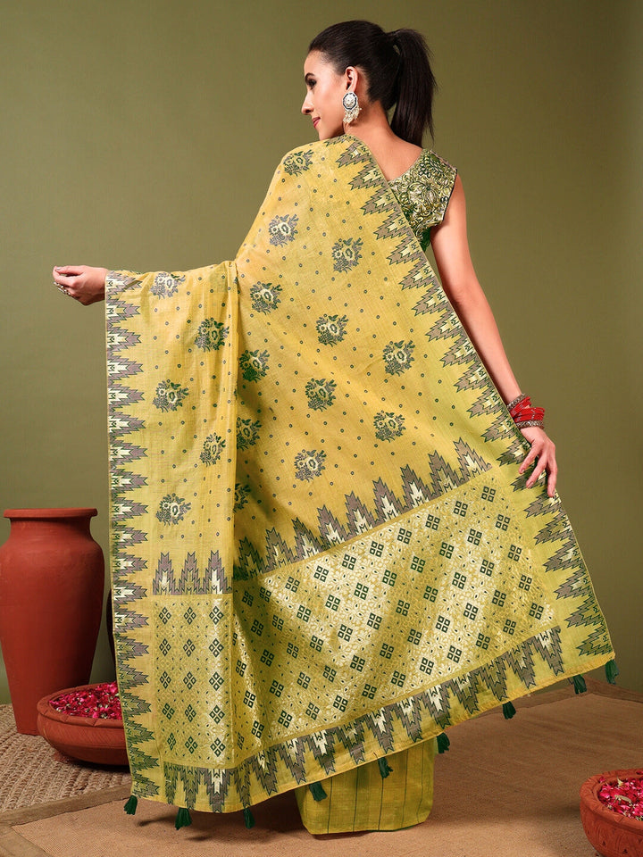 Banarasi Chanderi Jute Cotton Silk Saree with Temple Pattern Meenakari Weaving & Tassles