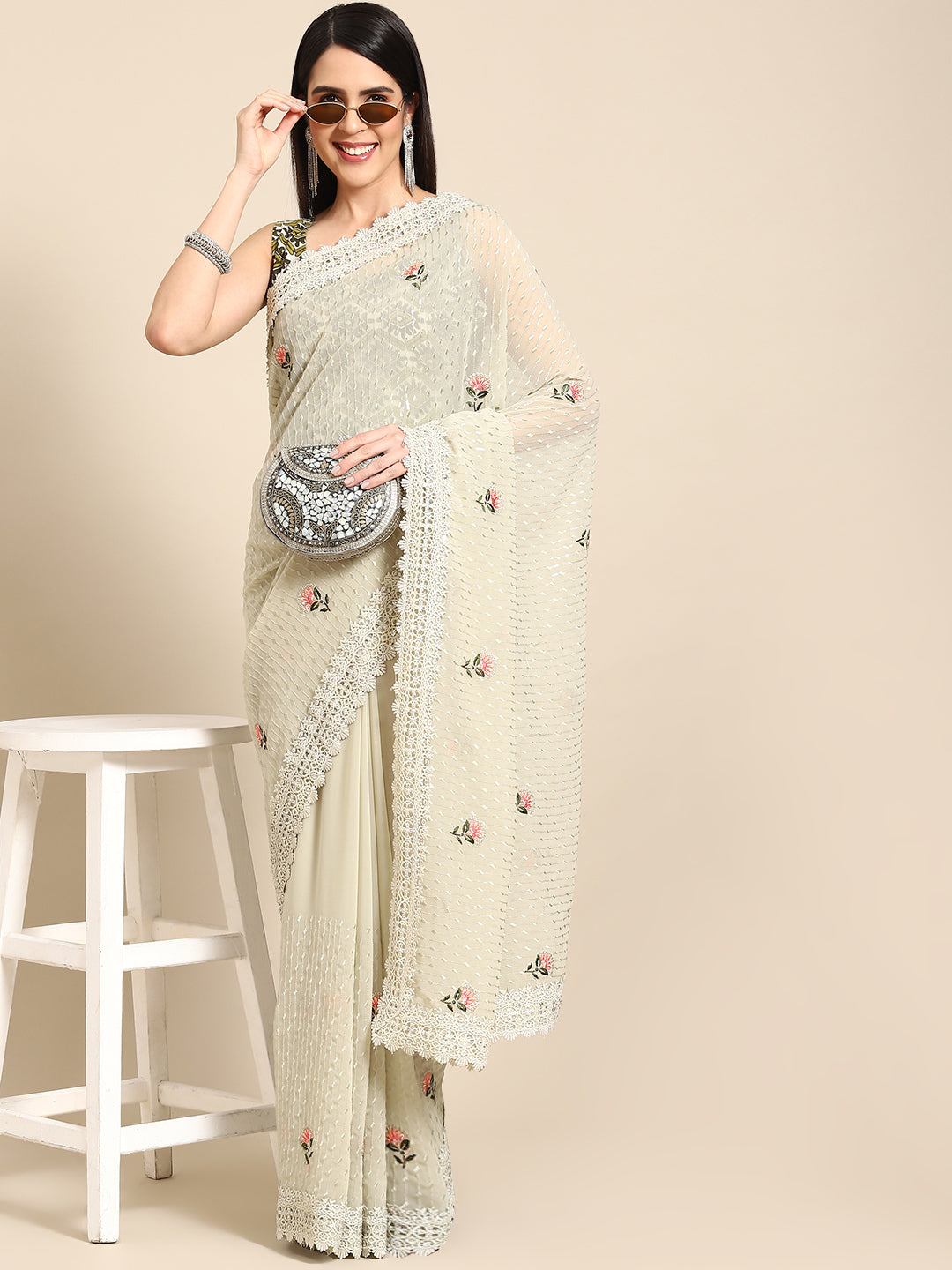 Floral Resham Embroidered Georgette Saree with Lace Embellishments