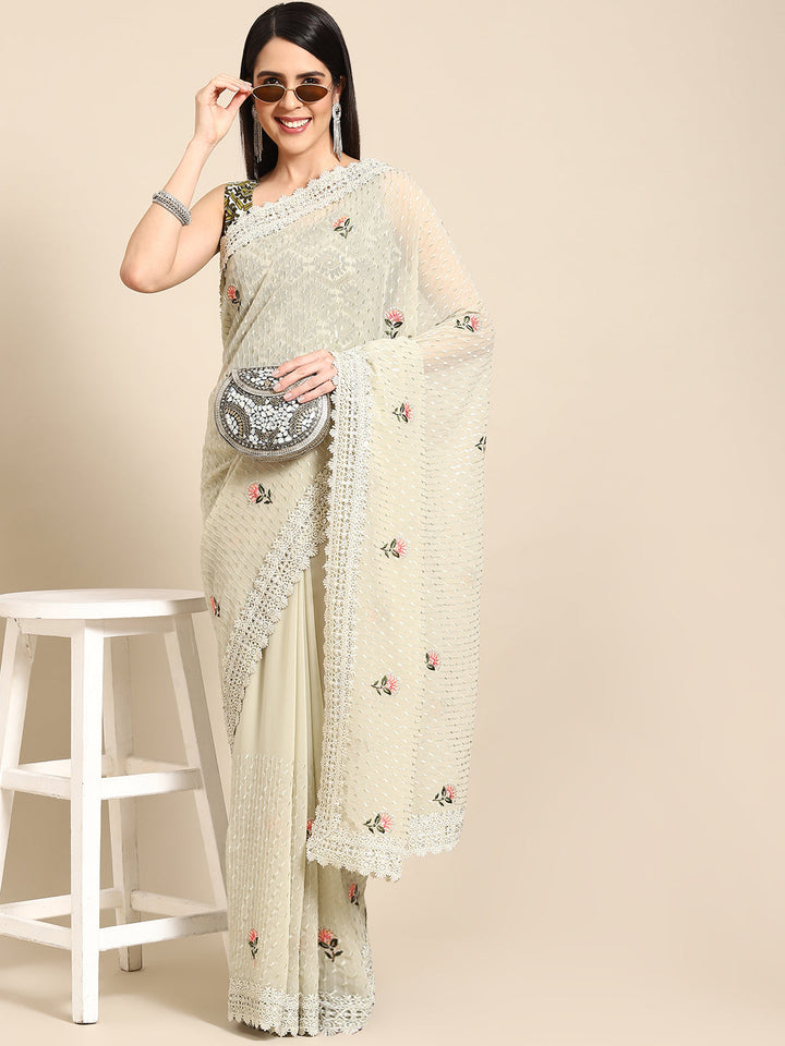 Floral Resham Embroidered Georgette Saree with Lace Embellishments