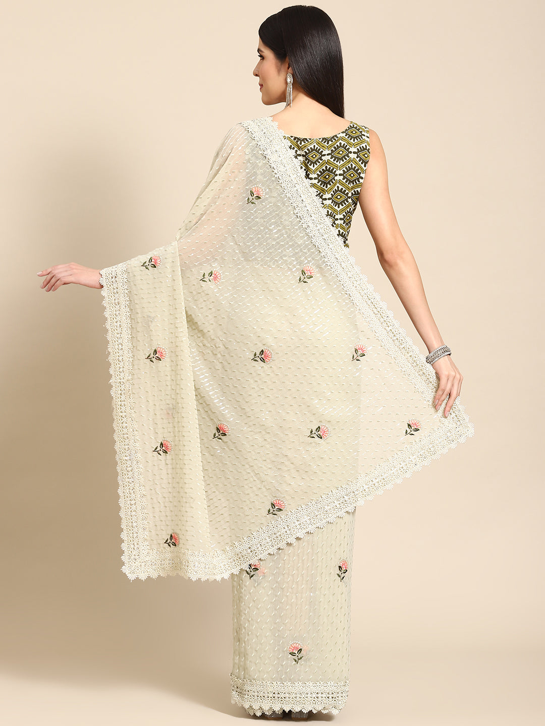 Floral Resham Embroidered Georgette Saree with Lace Embellishments
