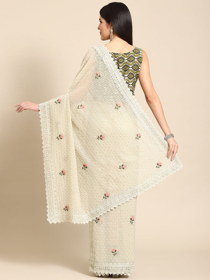 Floral Resham Embroidered Georgette Saree with Lace Embellishments