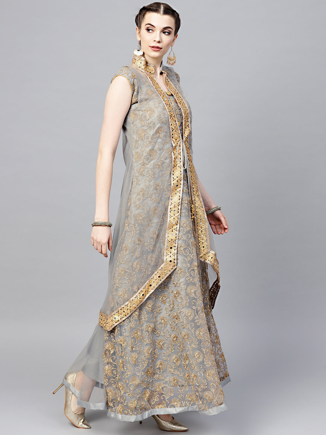 Zari Embroidered Anarkali Kurta Set with Matching Jacket
