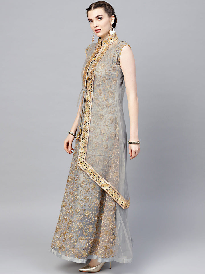 Zari Embroidered Anarkali Kurta Set with Matching Jacket