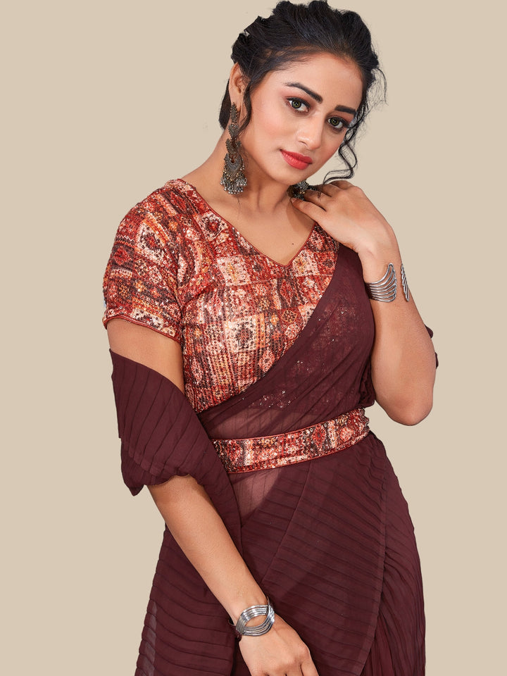 Bright Pleated Georgette Party Wear Saree With Sequin Blouse & Belt