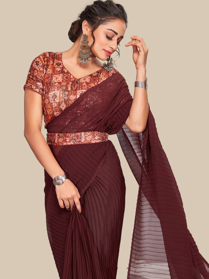 Bright Pleated Georgette Party Wear Saree With Sequin Blouse & Belt