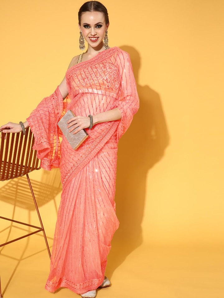 Pink Sequence Embellished Striped Pattern Net Saree with Pleats Border