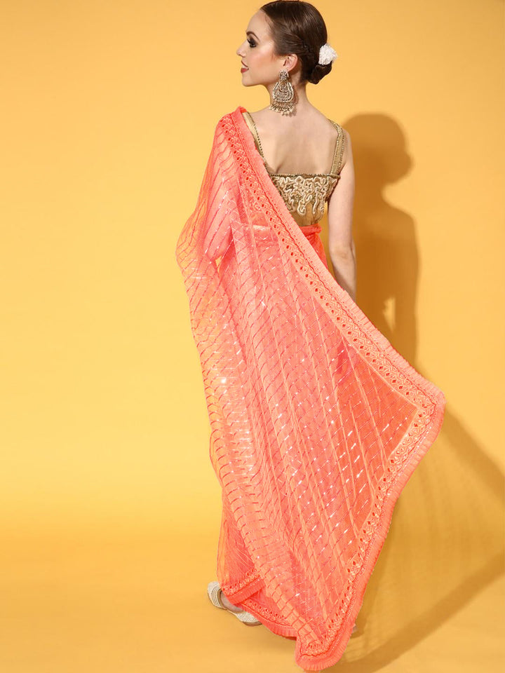 Pink Sequence Embellished Striped Pattern Net Saree with Pleats Border