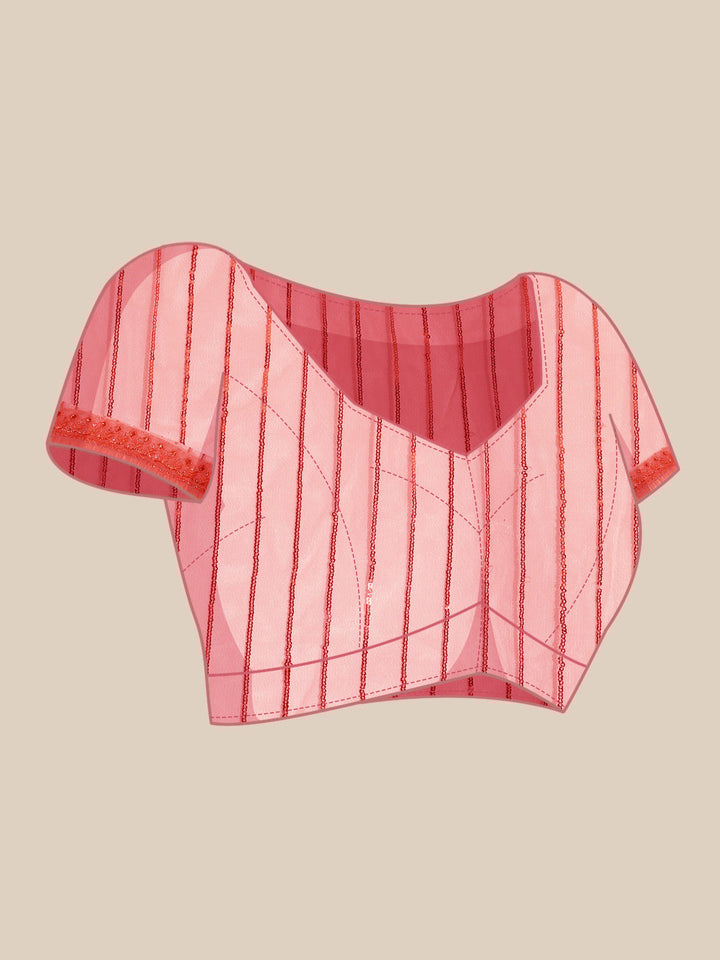 Pink Sequence Embellished Striped Pattern Net Saree with Pleats Border