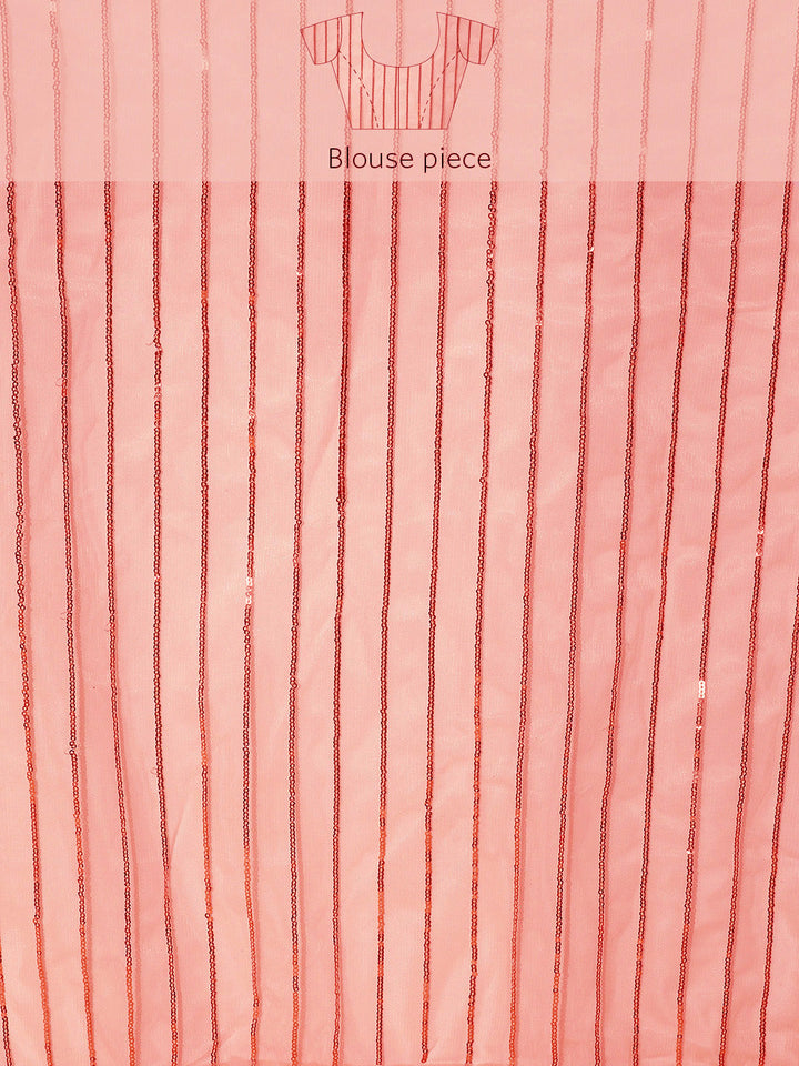 Pink Sequence Embellished Striped Pattern Net Saree with Pleats Border
